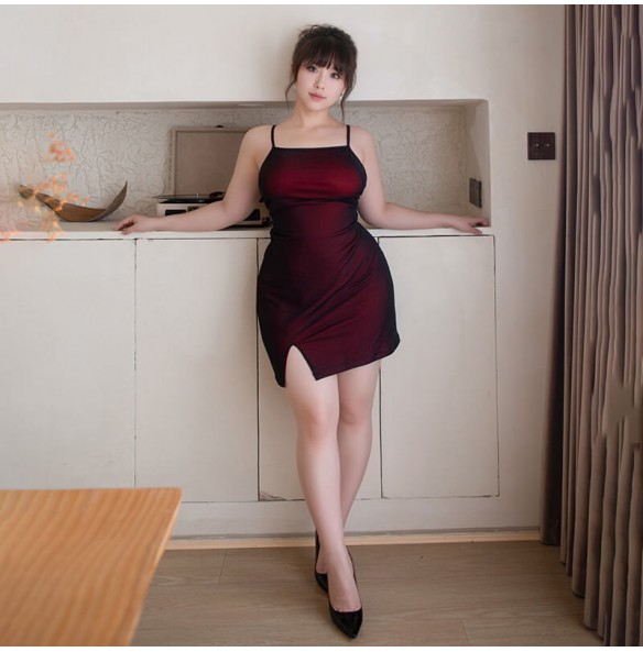 FEE ET MOI - Sexy Slit Spaghetti Strap Dress (Plus Size - Black Red) FEE ET MOI - Sexy Slit Spaghetti Strap Dress (Plus Size - Black Red)